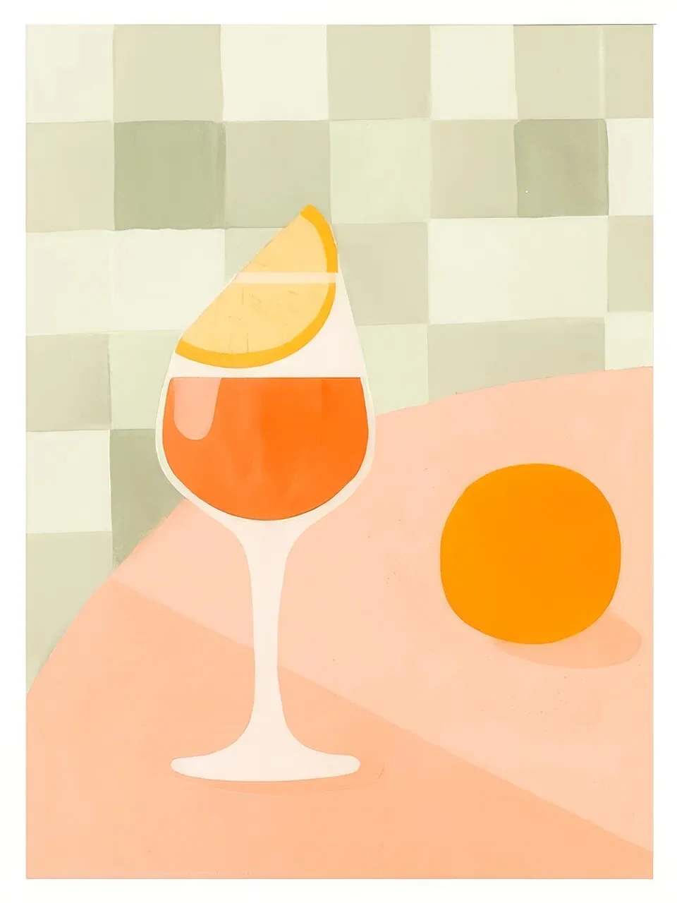 Onlly poster, Orange Drink with Citrus: A stemmed glass holds a bright orange drink beside a citrus wedge and whole orange on a softly checked peach tabletop.