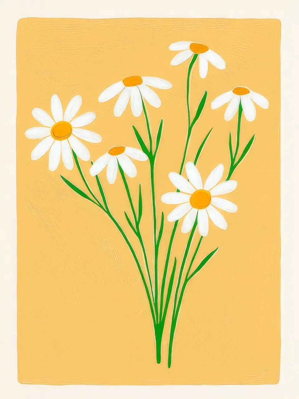 Onlly poster, White Daisies on Ochre: A loose bunch of white daisies and green stems stands against golden yellow.