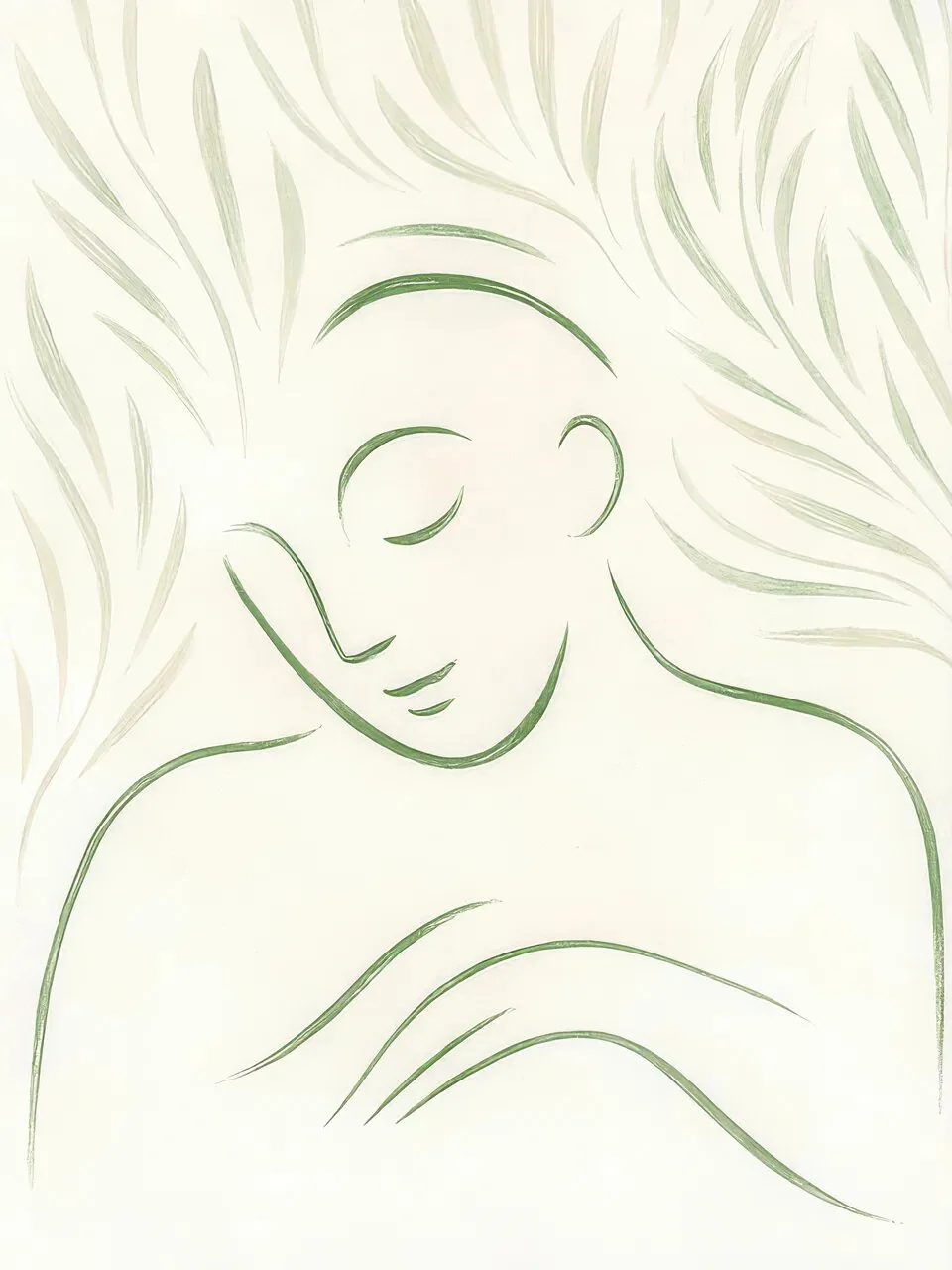 Onlly poster, Continuous Line Figure: A few fine black lines suggest a serene face and shoulders on cream.