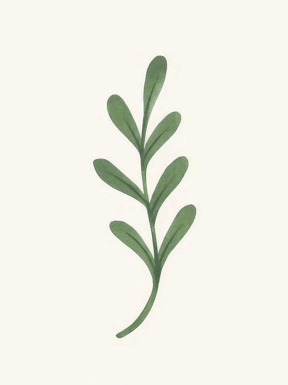 Onlly poster, Small Green Branch: A single green sprig with paired leaves is centred on pale ivory.