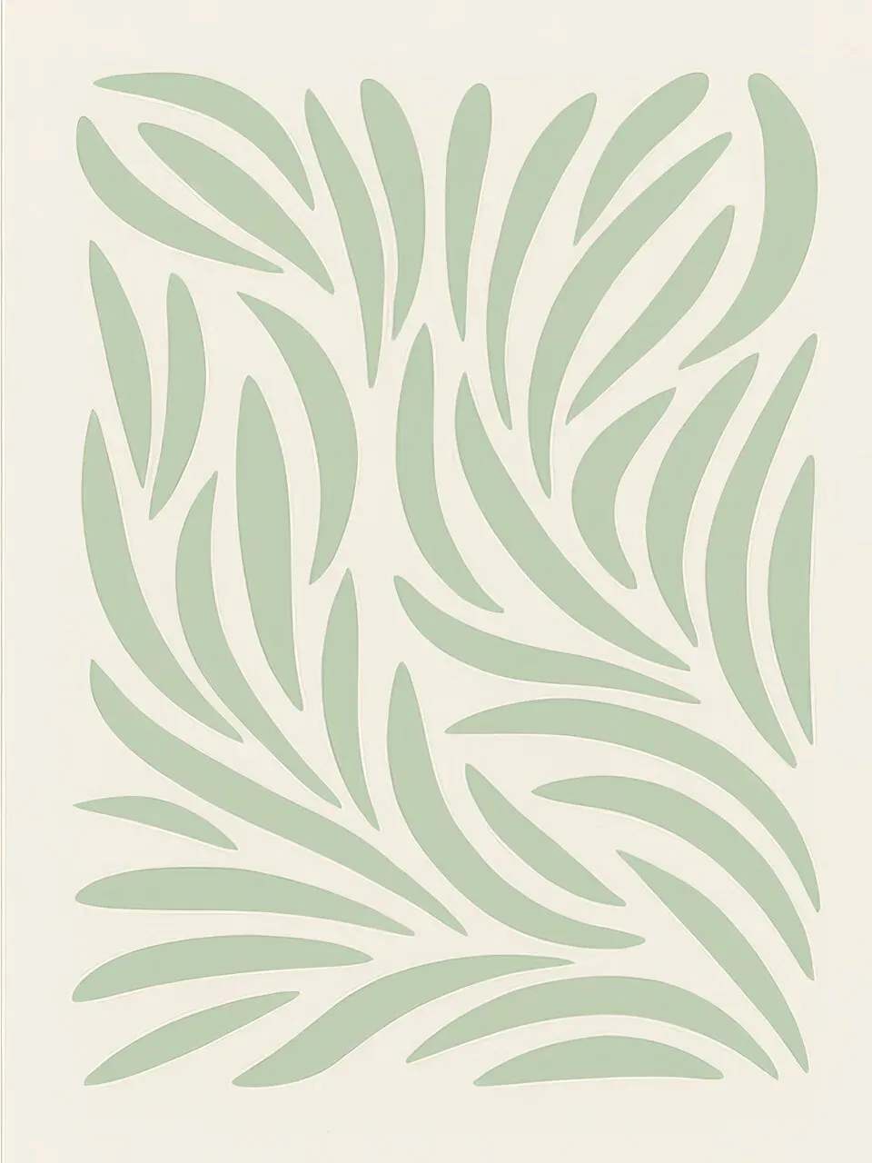Onlly poster, Soft Green Leaf Pattern: Pale green leaves and stems repeat in a low-contrast decorative field.