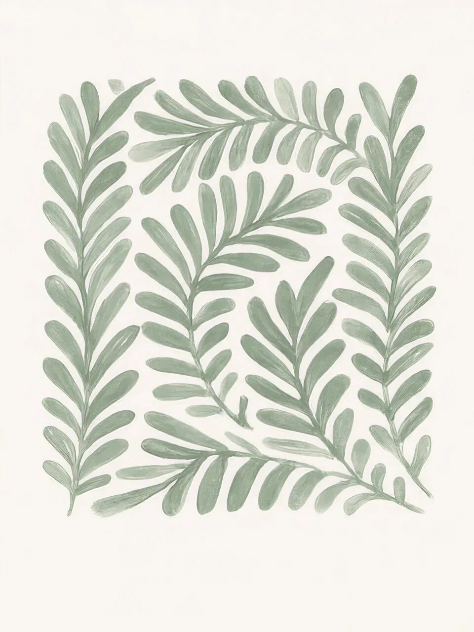 Onlly poster, Dense Botanical Motif: Fine green leaves and branches form a dense repeating pattern on cream.