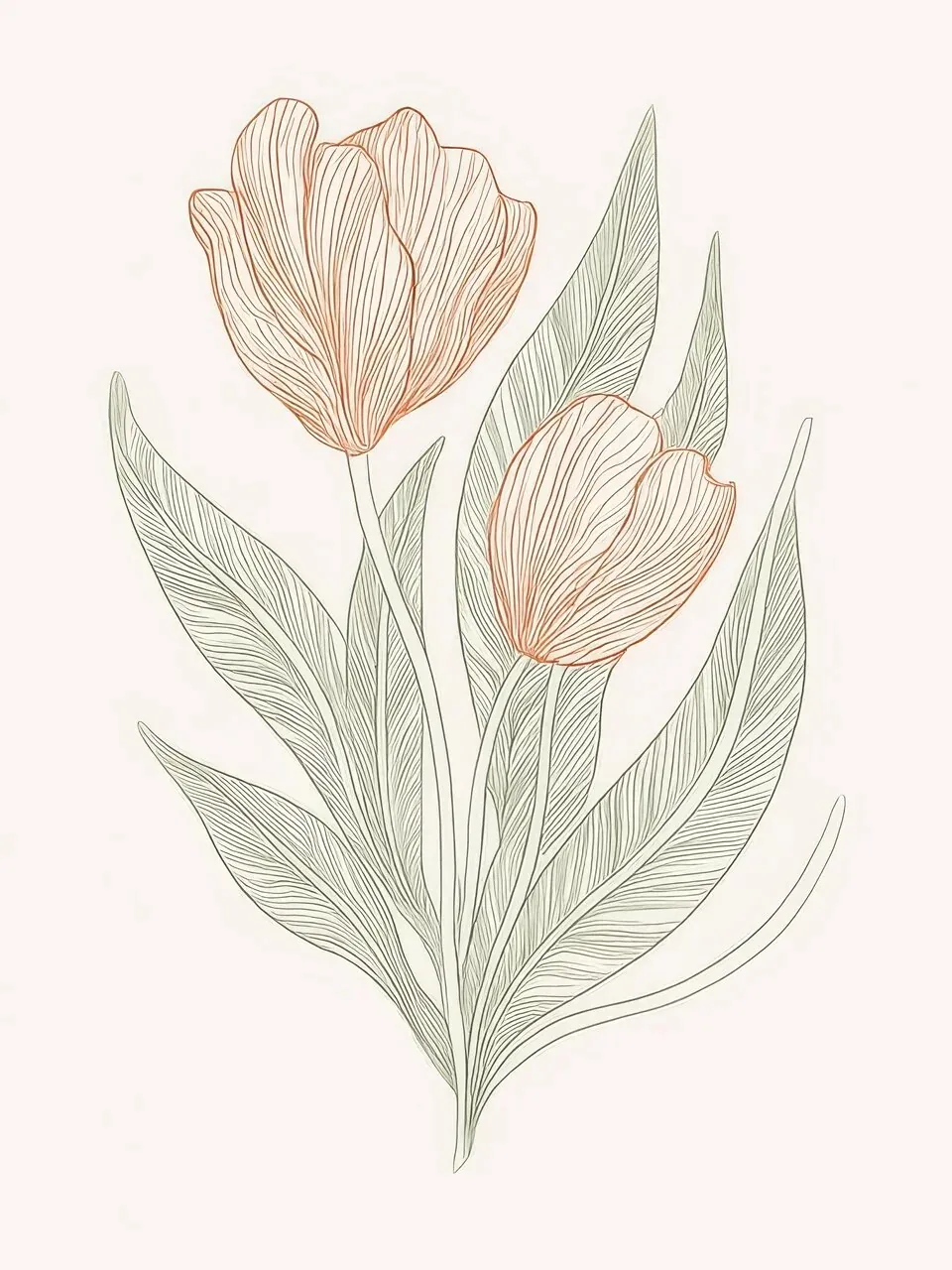 Onlly poster, Pale Pink Tulip Study: A pair of pale pink tulips with slender stems is softly painted on white.