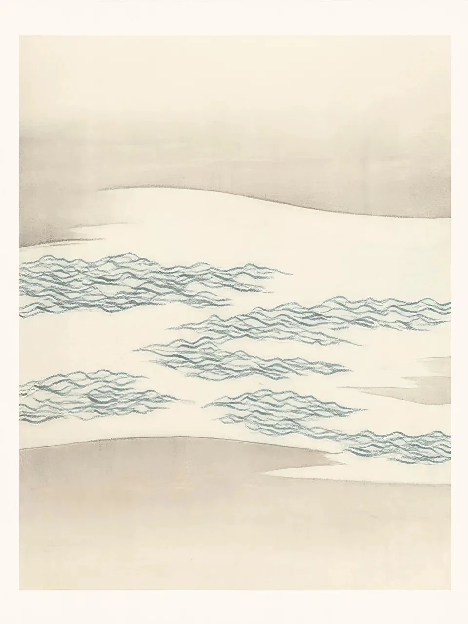 Onlly poster, Quiet Tide Lines: Soft blue-grey lines ripple over a pale coastal field.