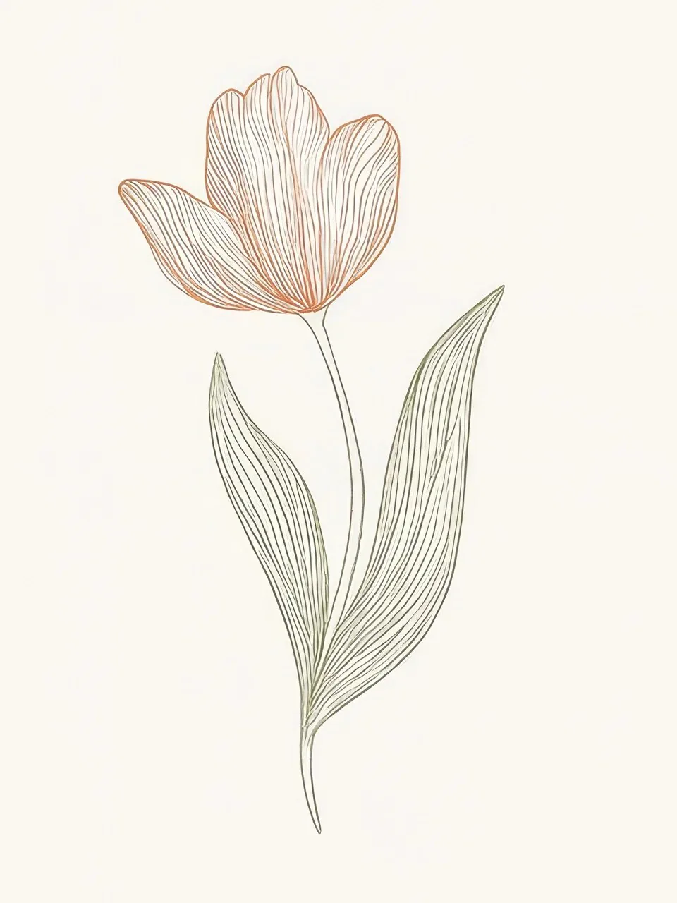 Onlly poster, Single Blush Tulip: A pale pink tulip with fine green leaves is isolated on cream.