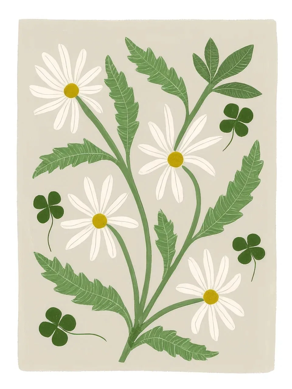 Onlly poster, Daisies and Meadow Flowers: White daisies, tiny blooms and fresh green leaves form a loose botanical study.