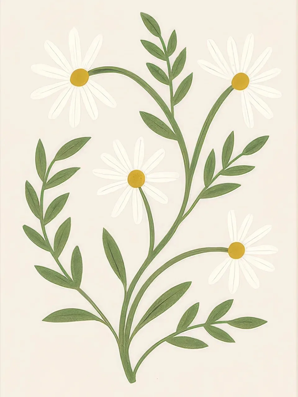 Onlly poster, Small Daisies and Green Stems: Several white daisies and slender stems are arranged on warm ivory.