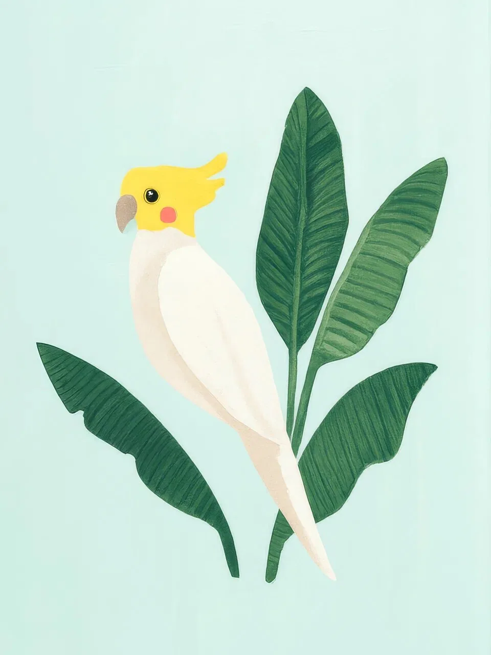 Onlly poster, Small Bird among Broad Leaves: A pale bird perches among deep green tropical leaves.