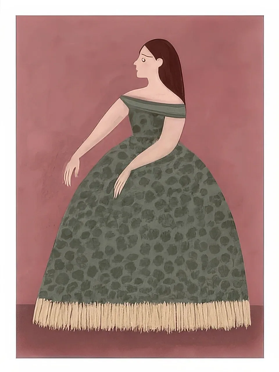 Onlly poster, Woman in a Long Patterned Skirt: A woman stands in a flowing dark patterned skirt against dusty rose.