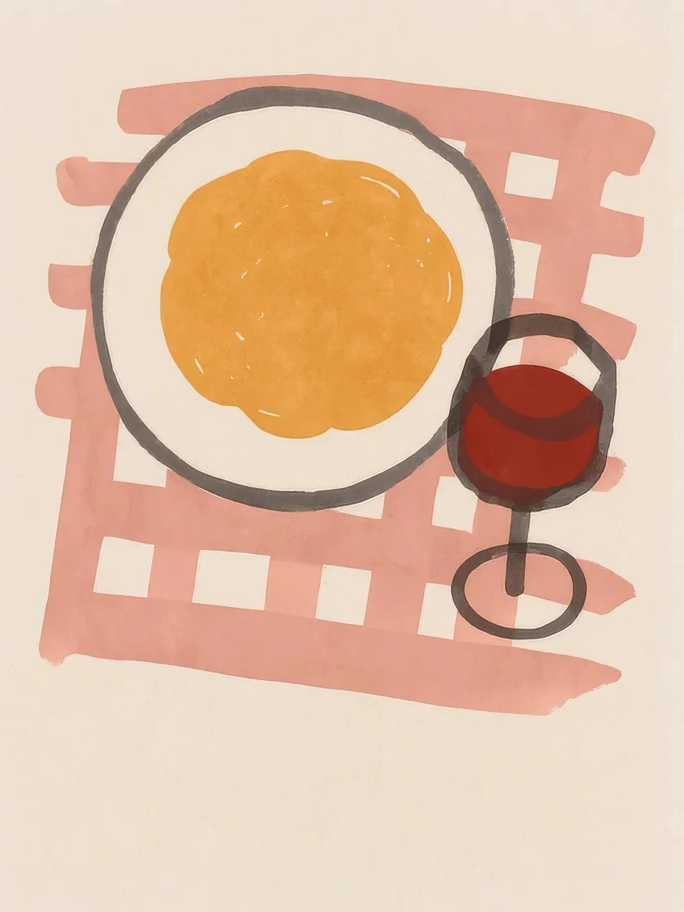 Onlly poster, Brunch from Above: A plate, a glass of red drink and checked cloth create a warm overhead table scene.