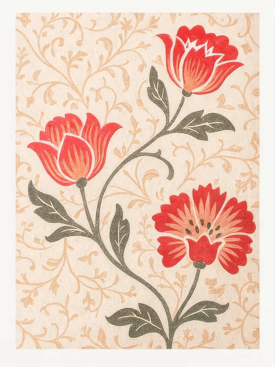 Onlly poster, Red Floral Scroll Pattern: Red flowers and fine curving stems repeat across a pale background.