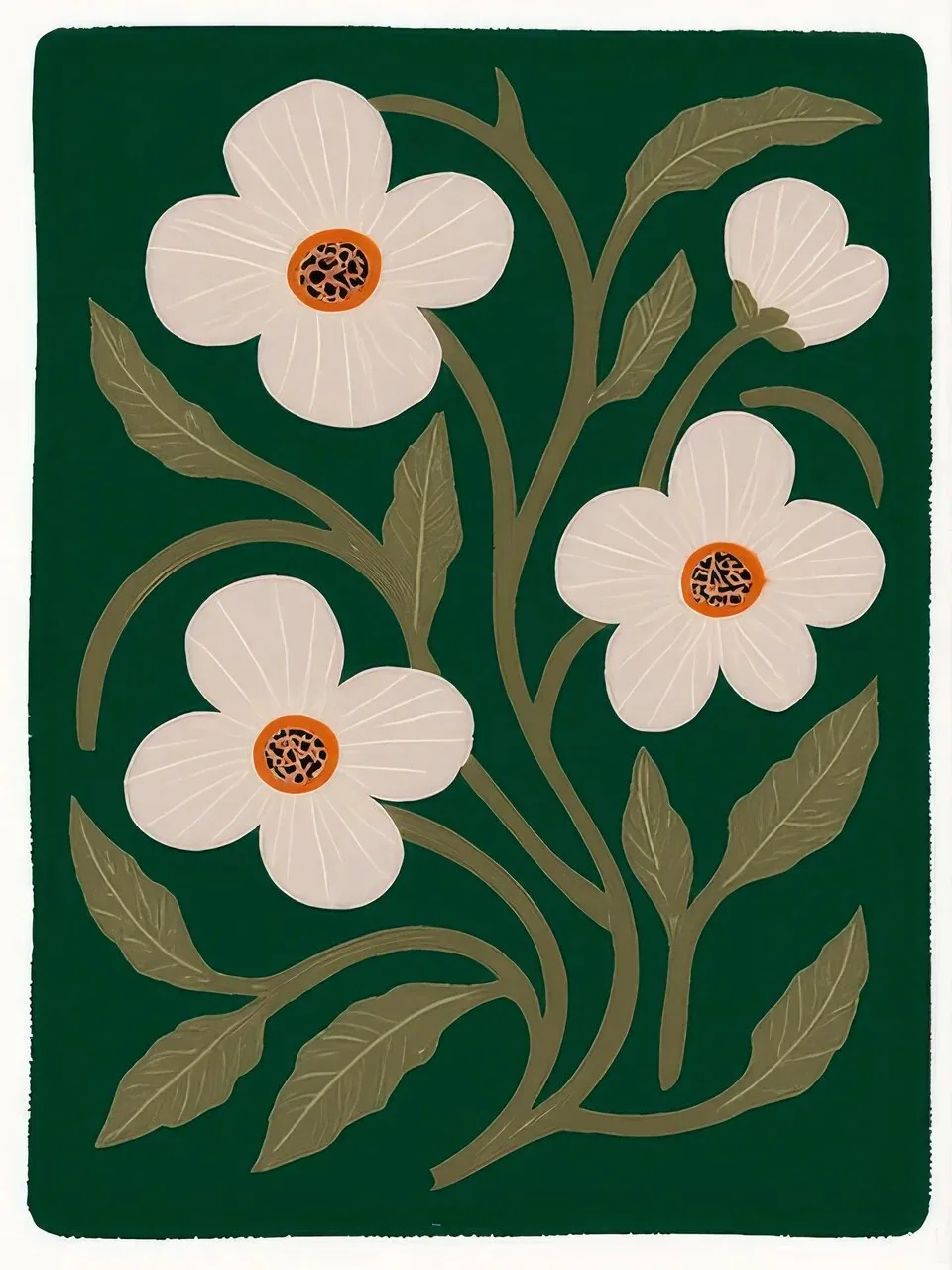 Onlly poster, White Flowers in a Dark Vase: Pale flowers and green leaves rise from a striped vase on deep green.