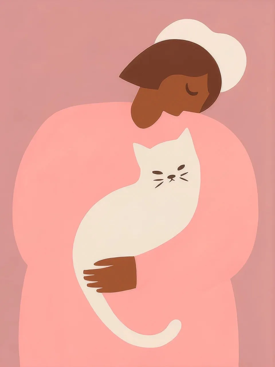 Onlly poster, Woman Holding a White Cat: A woman in pink gently cradles a white cat against a rose background.