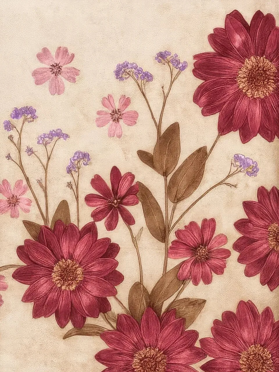 Onlly poster, Burgundy Meadow Flowers: Fine stems and small burgundy flowers form a soft all-over botanical design.