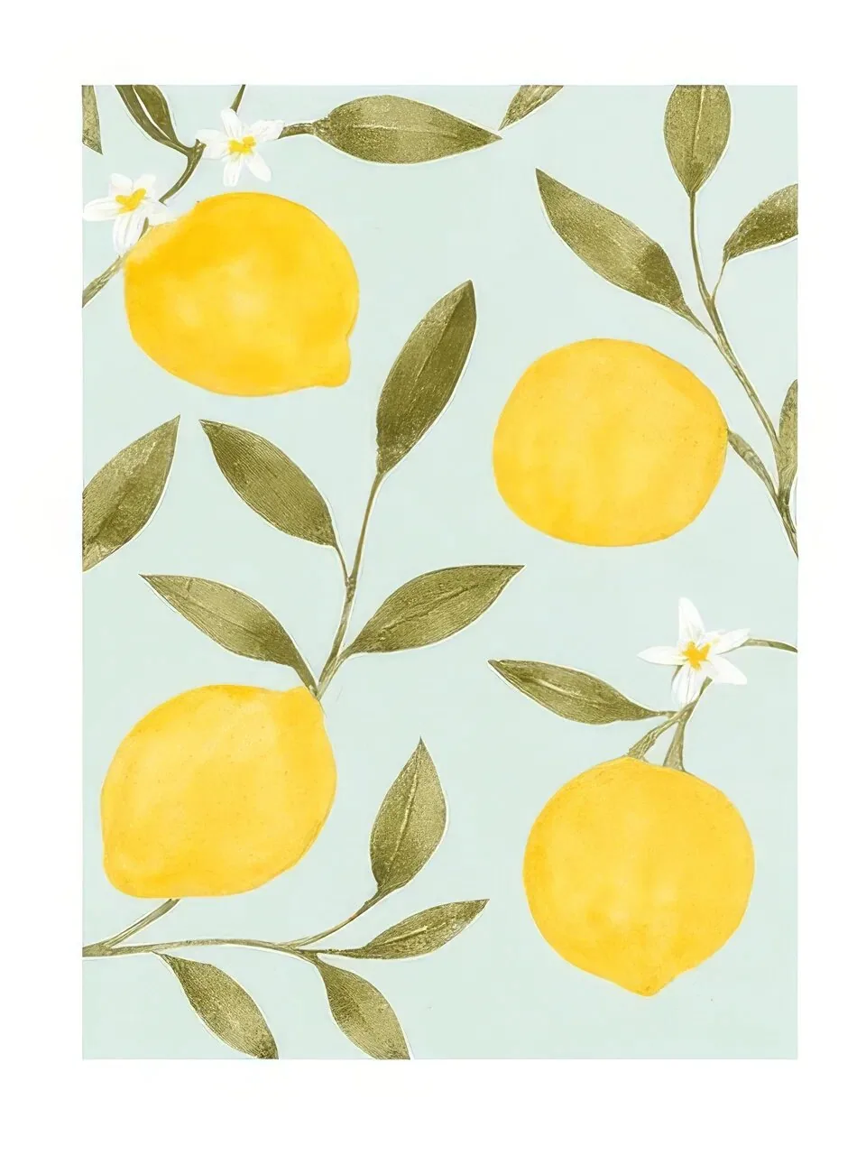 Onlly poster, Lemons and Olive Leaves: Yellow lemons and green foliage are arranged in a light botanical composition.