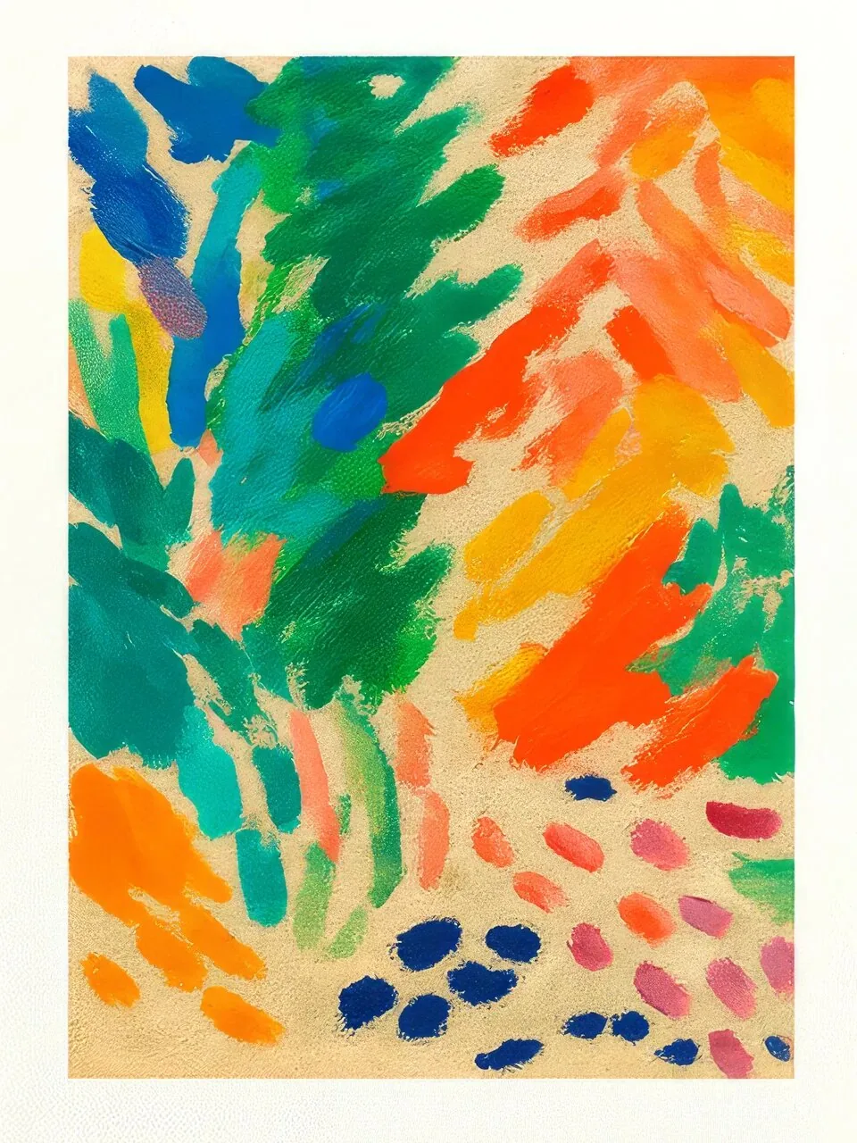 Onlly poster, Colourful Garden Abstraction: Loose brush marks in green, orange, blue and pink create a lively garden-like field.