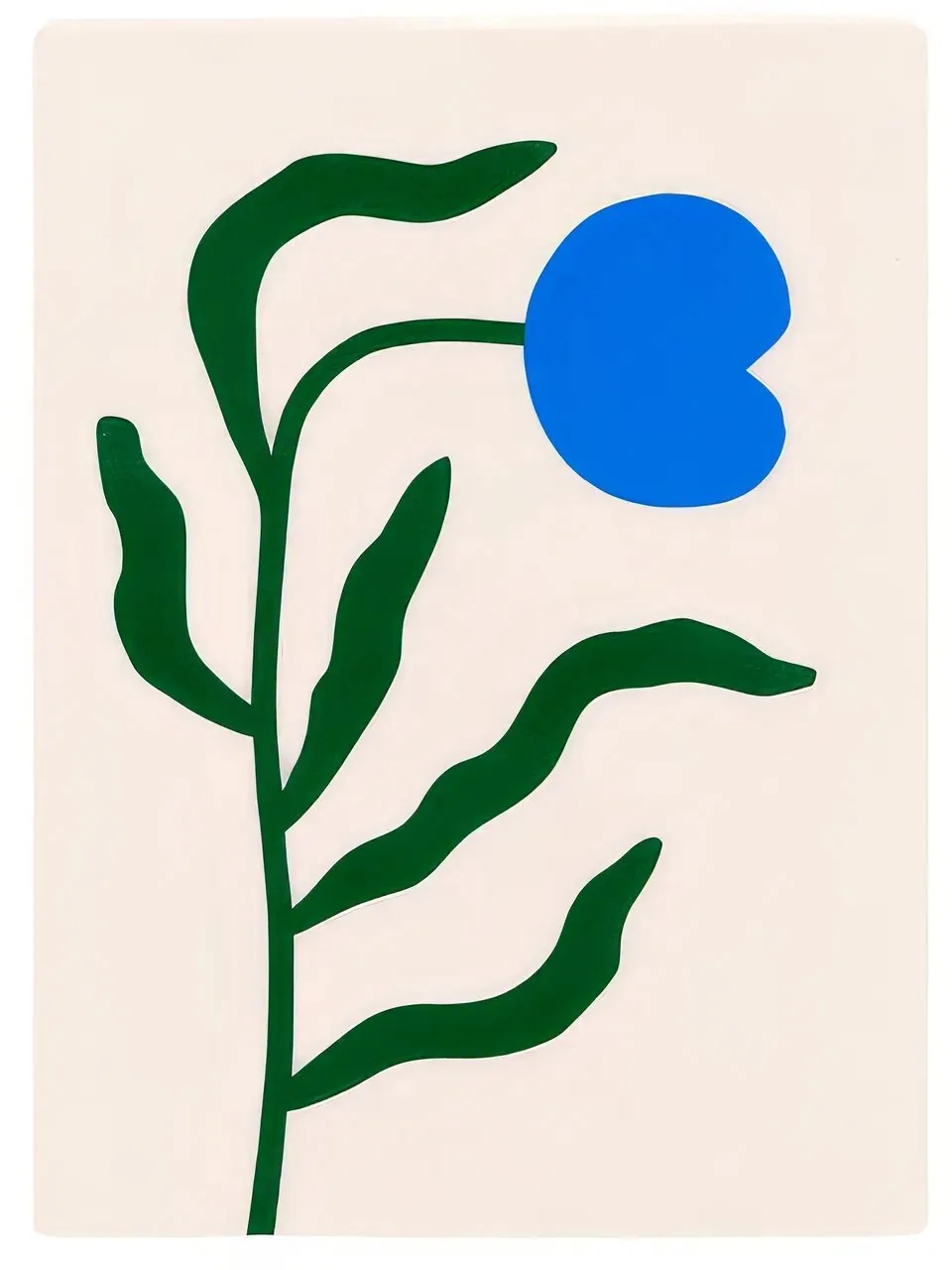 Onlly poster, Blue Vase with a Branch: A narrow blue vessel holds a delicate branch with green leaves.
