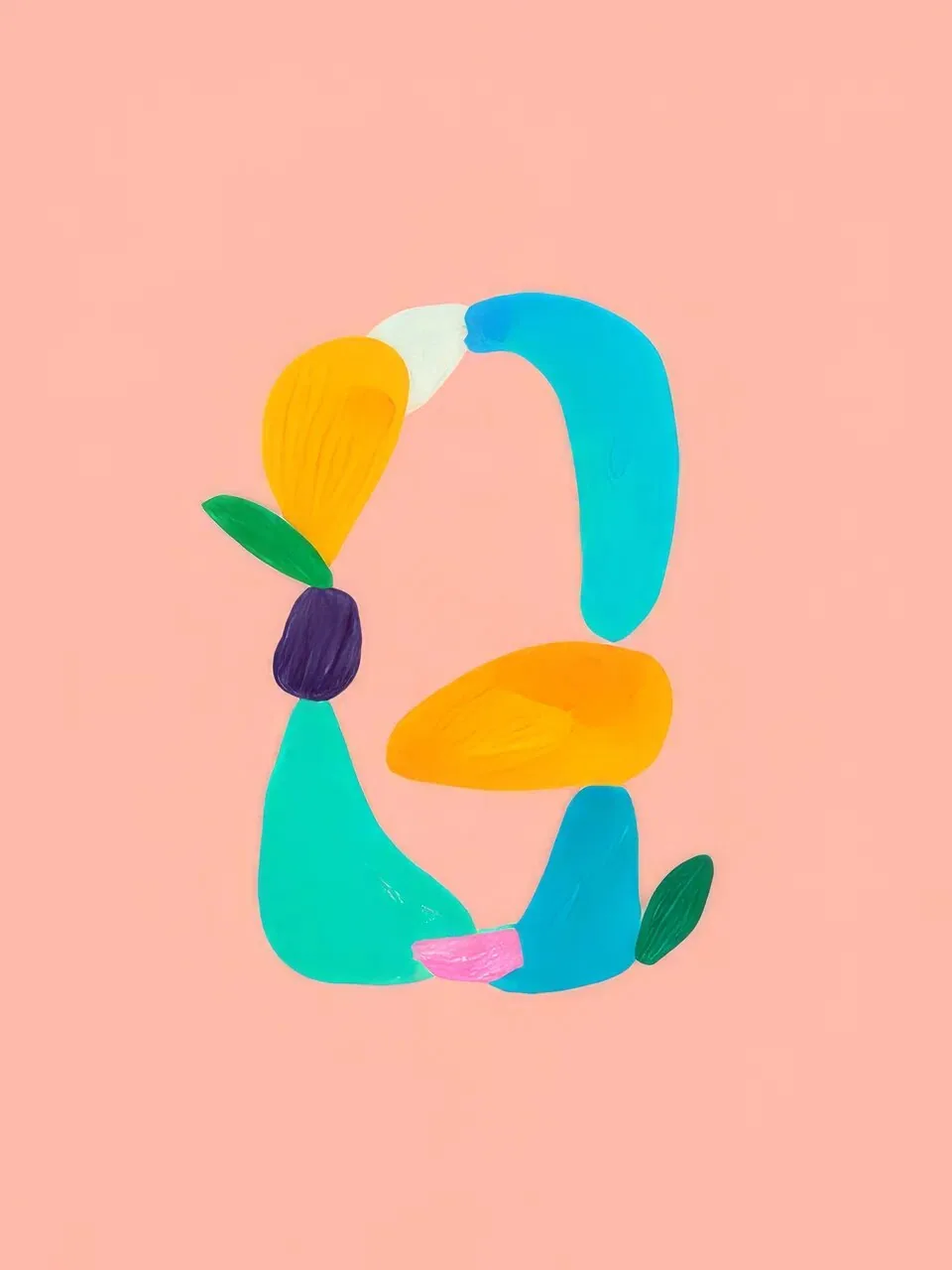 Onlly poster, Playful Abstract Colour Shapes: A rounded face-like arrangement combines turquoise, yellow, pink and orange forms.