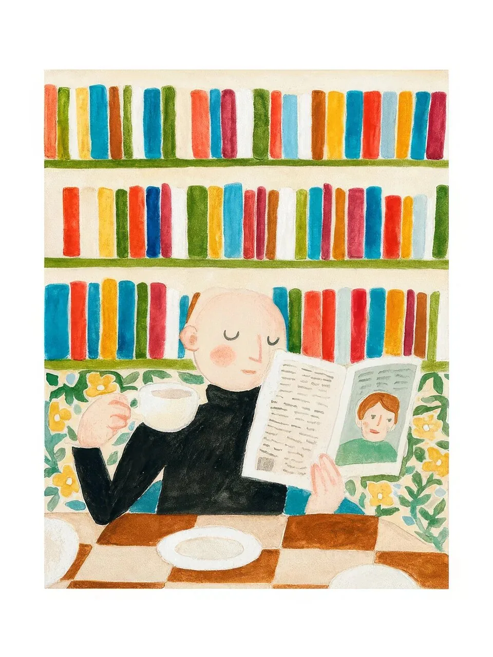 Onlly poster, Woman Reading in a Bookshop: A woman sits reading amid colourful shelves of books.