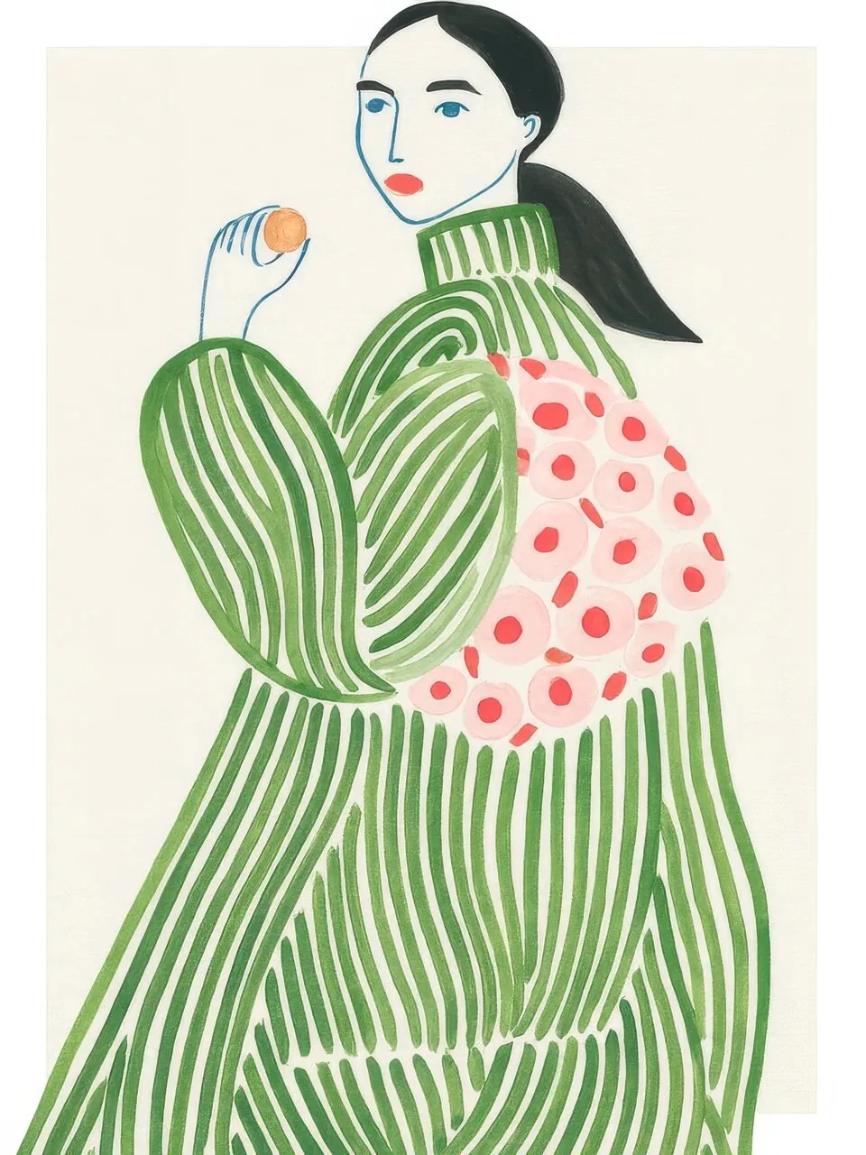 Onlly poster, Woman in a Green Striped Dress: A seated figure wears a long green striped dress dotted with small leaves.
