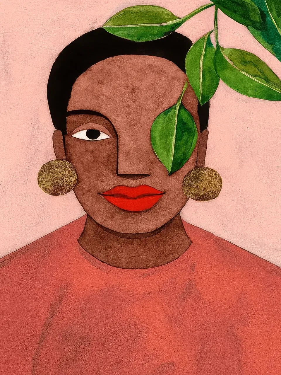 Onlly poster, Woman with Green Leaves: A close portrait of a dark-skinned woman is framed by broad green leaves.