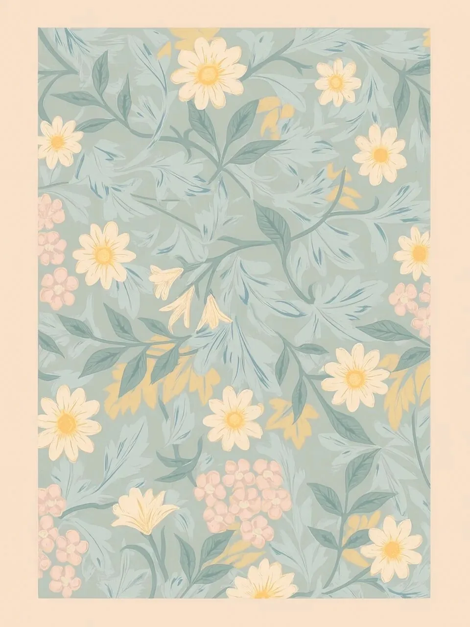 Onlly poster, Tiny Flowers on Blue-Grey: Delicate pale blossoms and fine foliage fill a quiet blue-green field.