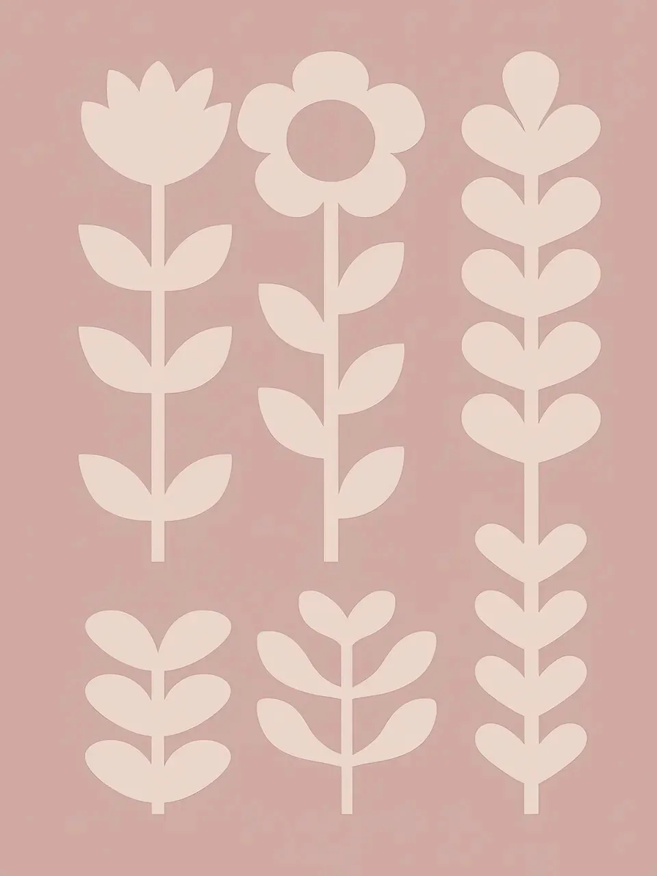 Onlly poster, Blush Leaves in Rows: Pale botanical silhouettes repeat vertically across a muted rose background.