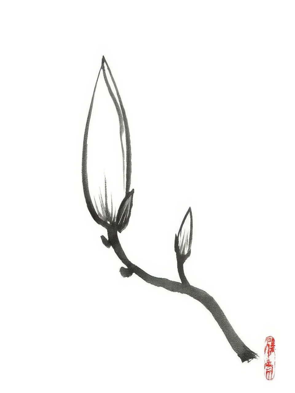 Onlly poster, Magnolia Bud on a Branch: A fine dark branch carries a single closed magnolia bud on a pale ground.