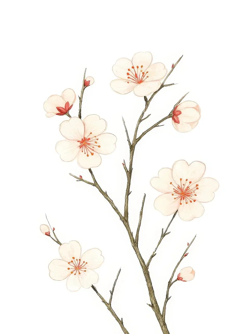 Onlly poster, Blossom Branch in Pale Pink: Small soft-pink blossoms and fine brown branches spread across white.