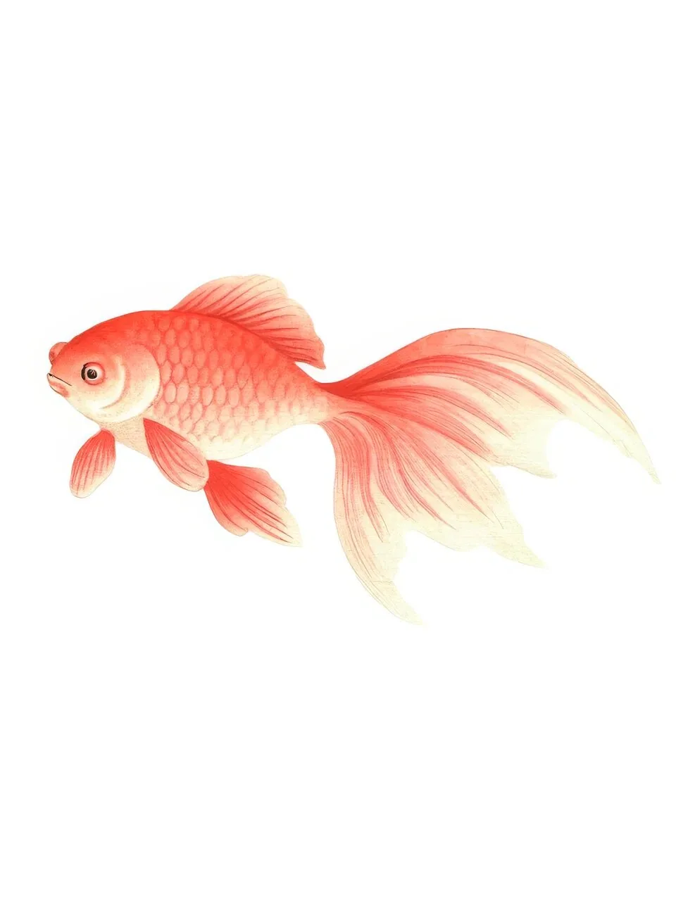 Onlly poster, Goldfish in Soft Coral: A single orange-gold fish with flowing fins swims across a pale background.