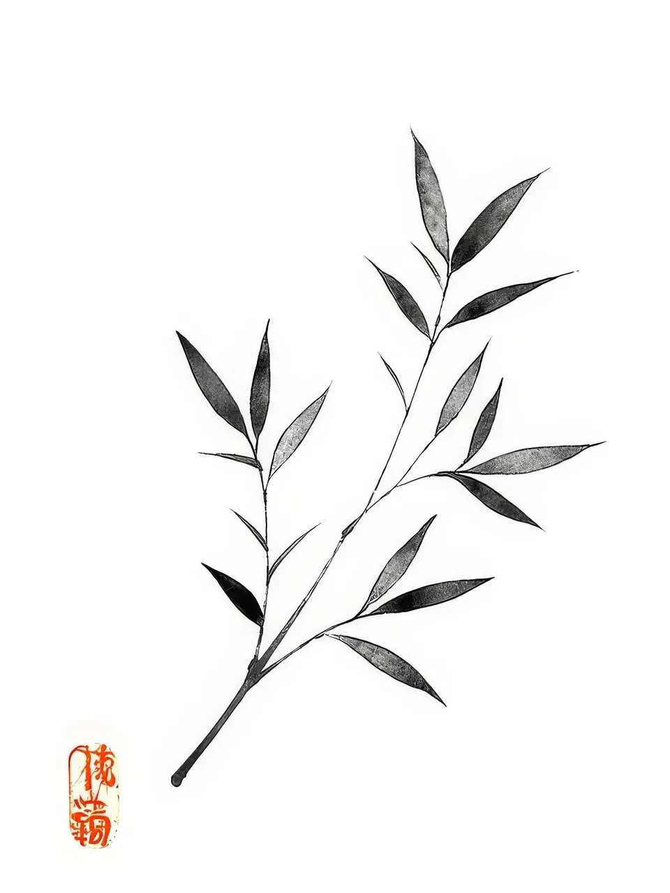 Onlly poster, Bamboo Leaves in Ink: A slender dark branch with narrow leaves is painted in a spare East Asian style.