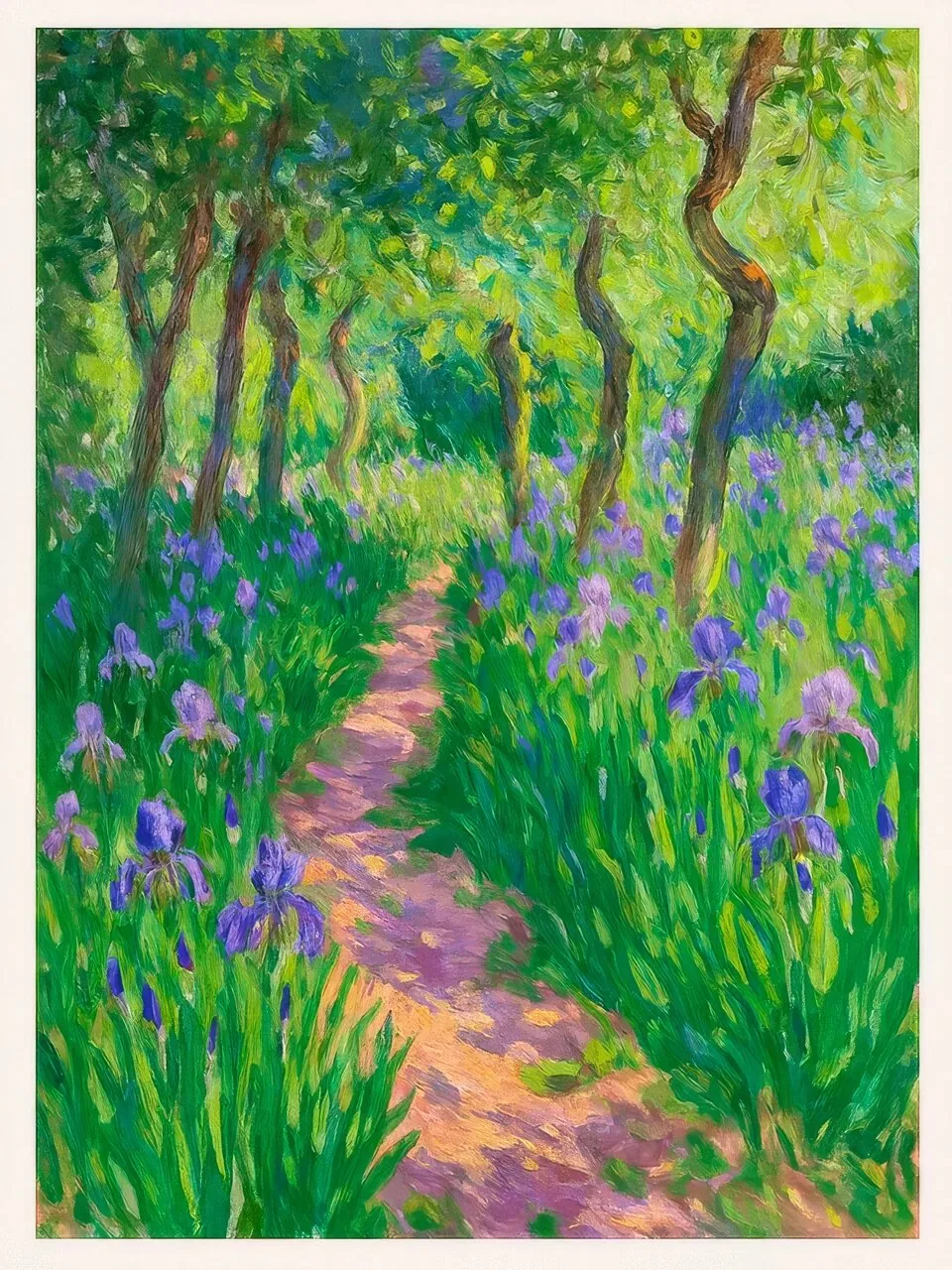 Onlly poster, Garden Path through Flowers: A winding path passes through a lush garden with bright pink and violet blooms.