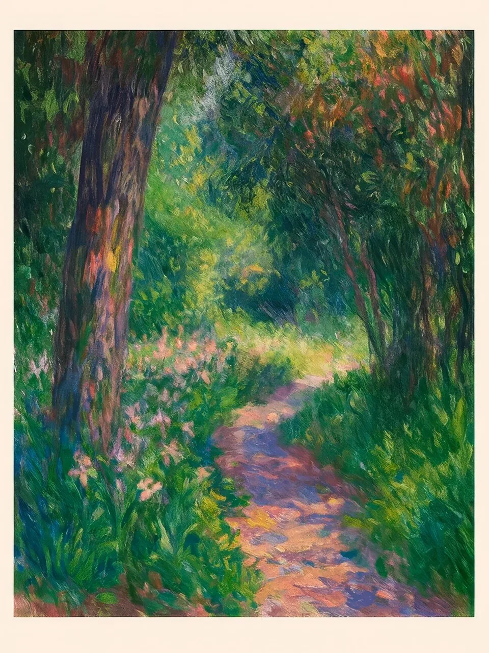 Onlly poster, Path through a Deep Green Wood: A narrow path curves through a richly layered woodland.