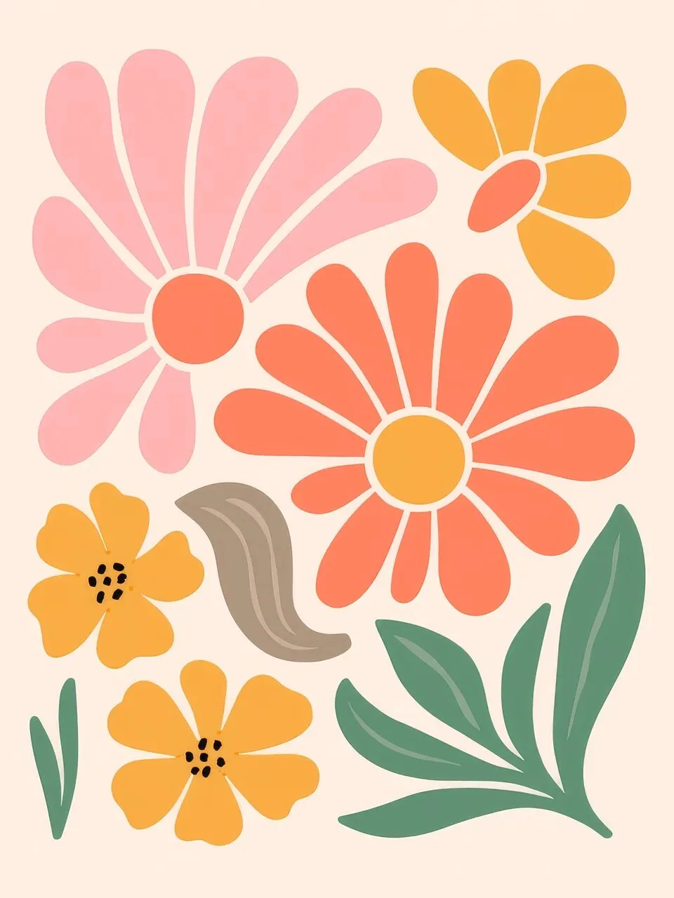 Onlly poster, Daisy Garden Pattern: Pink and orange daisies with green leaves repeat in a lively composition.