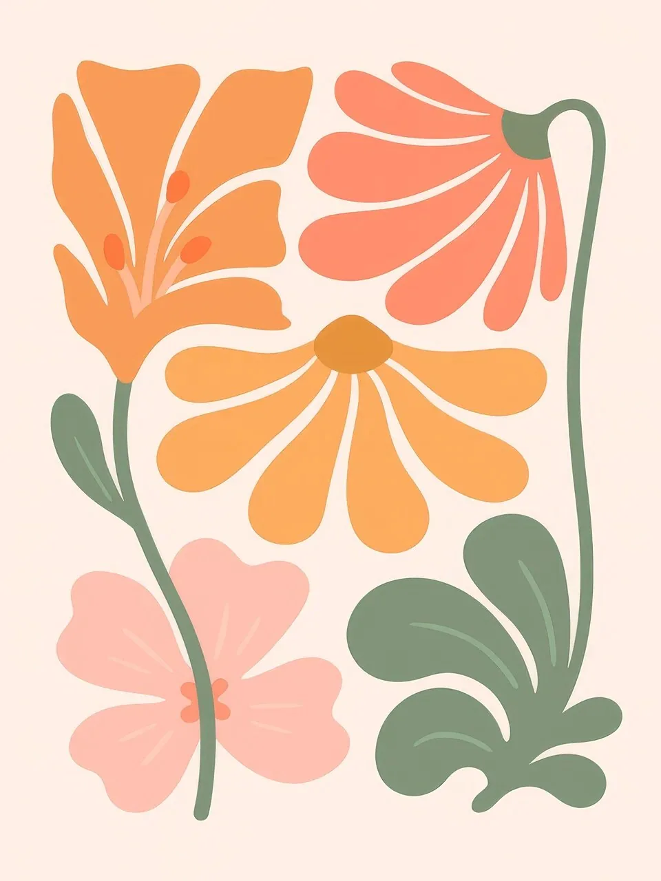 Onlly poster, Orange and Pink Botanical Forms: Stylized leaves and flowers in orange, peach and muted green fill a warm field.