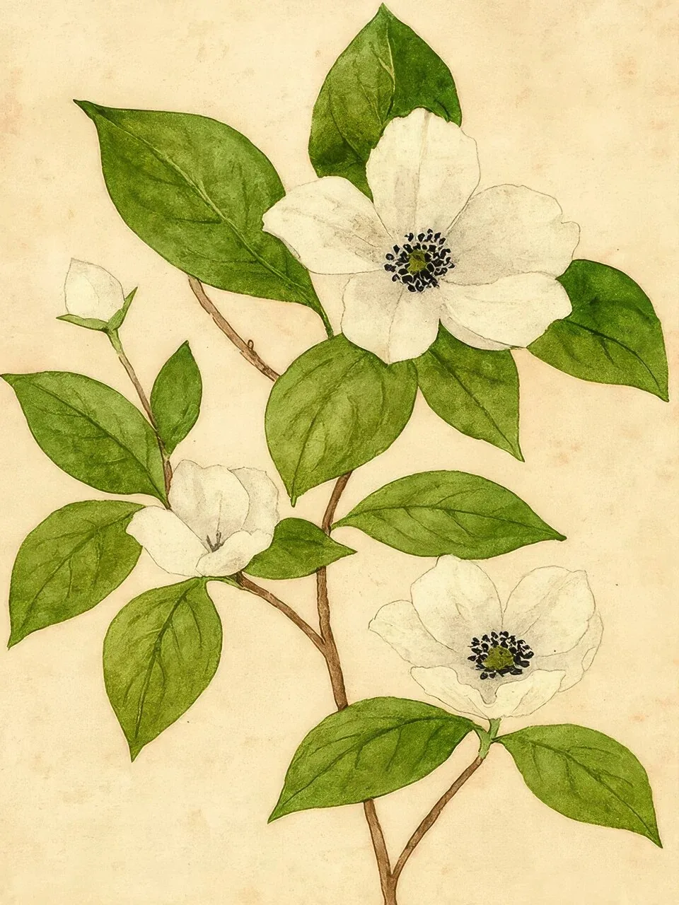 Onlly poster, White Dogwood Branch: Pale blossoms and fresh green leaves are rendered in a delicate botanical study.