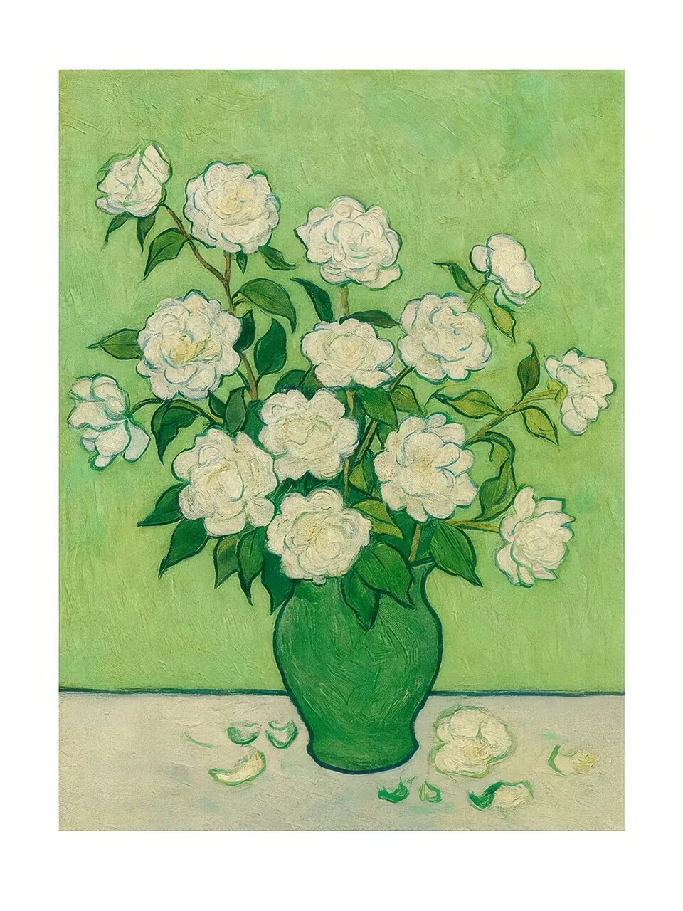 Onlly poster, White Flowers in a Green Vase: A bouquet of pale blooms and leaves stands in a dark green vase.