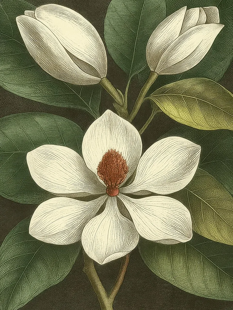 Onlly poster, White Magnolia among Dark Leaves: Large creamy magnolia blooms stand out against deep green foliage.