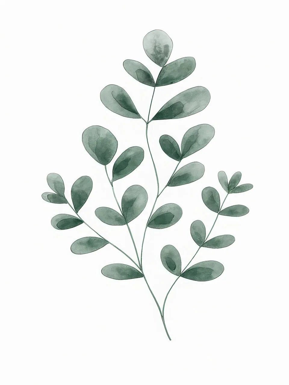 Onlly poster, Leafy Stems in Green Pots: Several leafy stems rise from simple muted-green vessels.