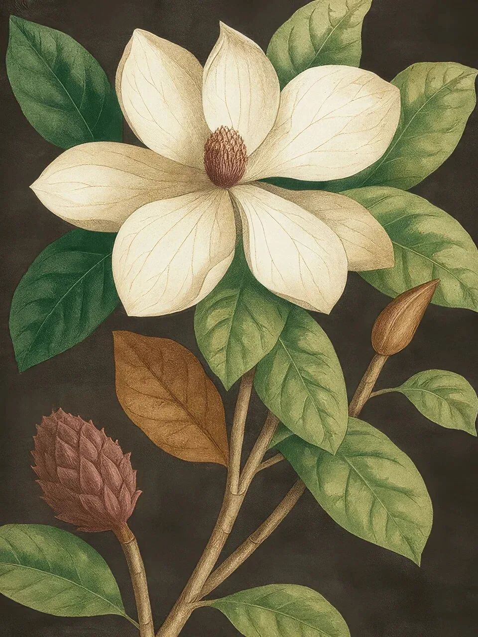 Onlly poster, White Blossoms with Dark Leaves: Pale flowers and deep green leaves fill a richly shaded botanical composition.