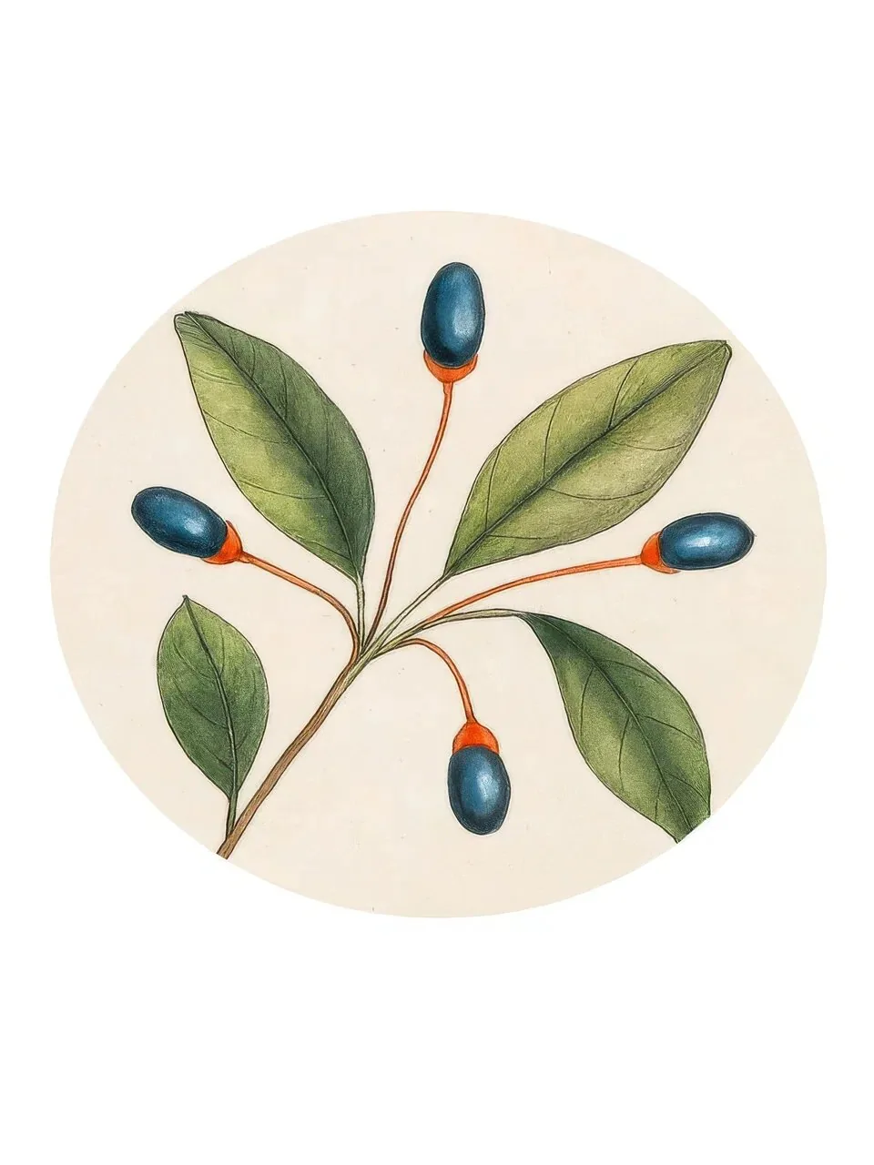 Onlly poster, Olive Branch in a Circle: Green leaves and dark berries form a small botanical emblem within a pale circle.