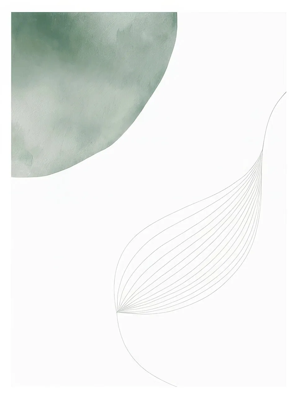 Onlly poster, Pale Leaf and Soft Curve: A translucent pale leaf form and fine curved line sit on white.