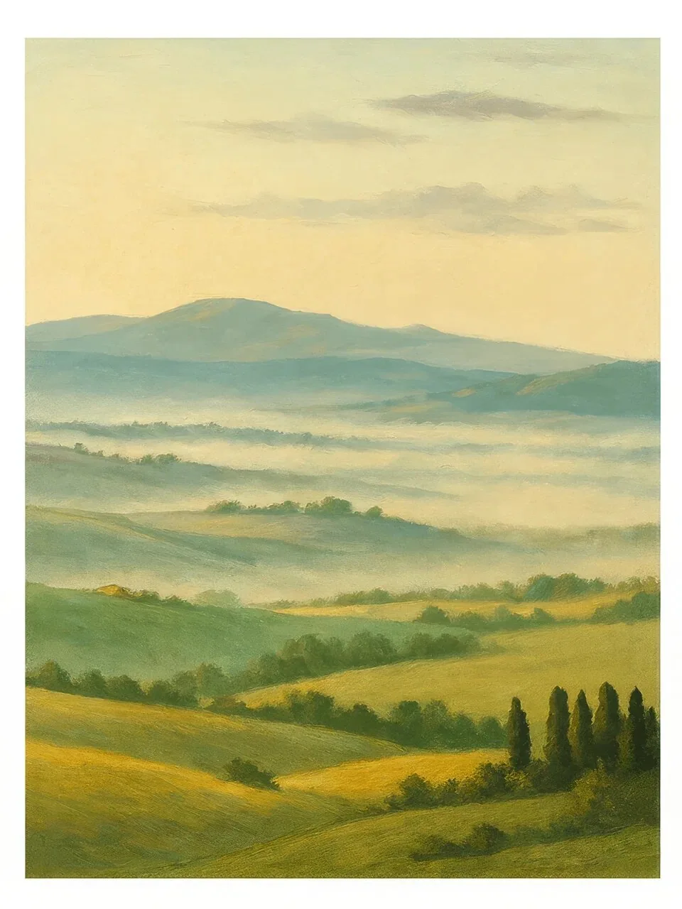 Onlly poster, Misty Hills in Soft Green: Distant green hills fade beneath a pale blue sky in a quiet landscape.
