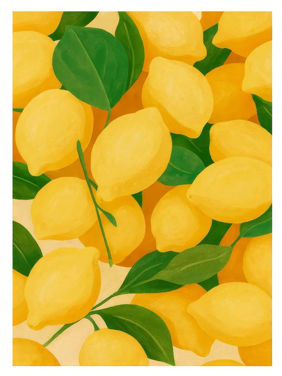 Onlly poster, Bright Lemons and Green Leaves: A cluster of yellow lemons and fresh foliage fills a bright green field.