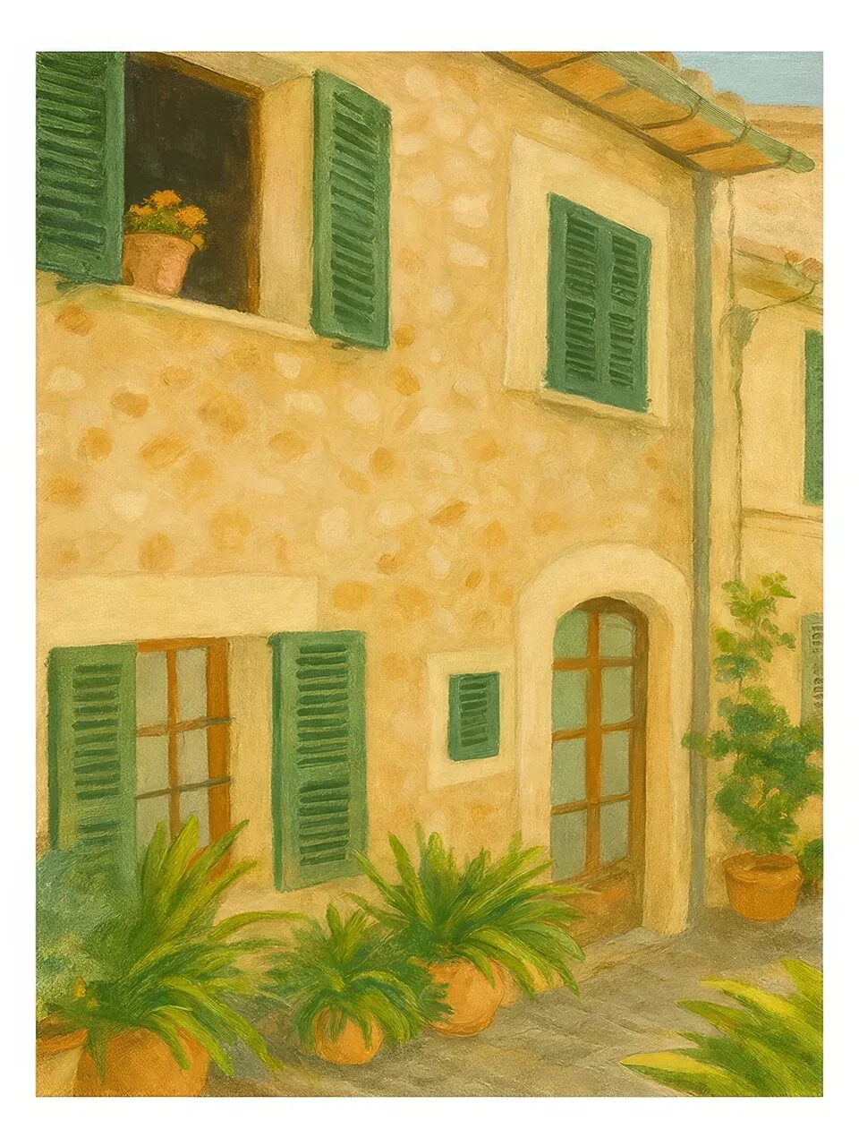 Onlly poster, Ochre House among Greenery: A warm yellow building with green shutters stands among plants and trees.