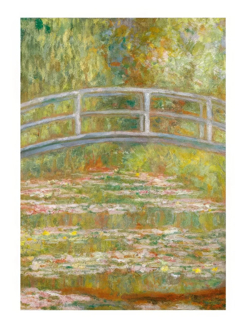Onlly poster, Garden Bridge over a Pond: A painterly arched bridge crosses a quiet pond surrounded by green foliage.