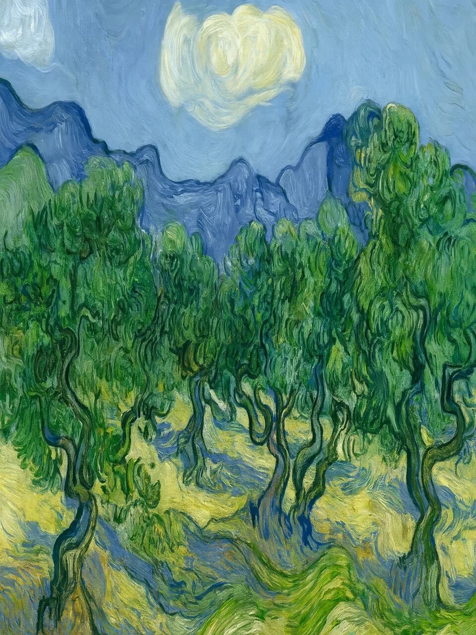 Onlly poster, Blue Mountains beside a Lake: Deep blue mountain slopes rise beyond a green lake and trees.
