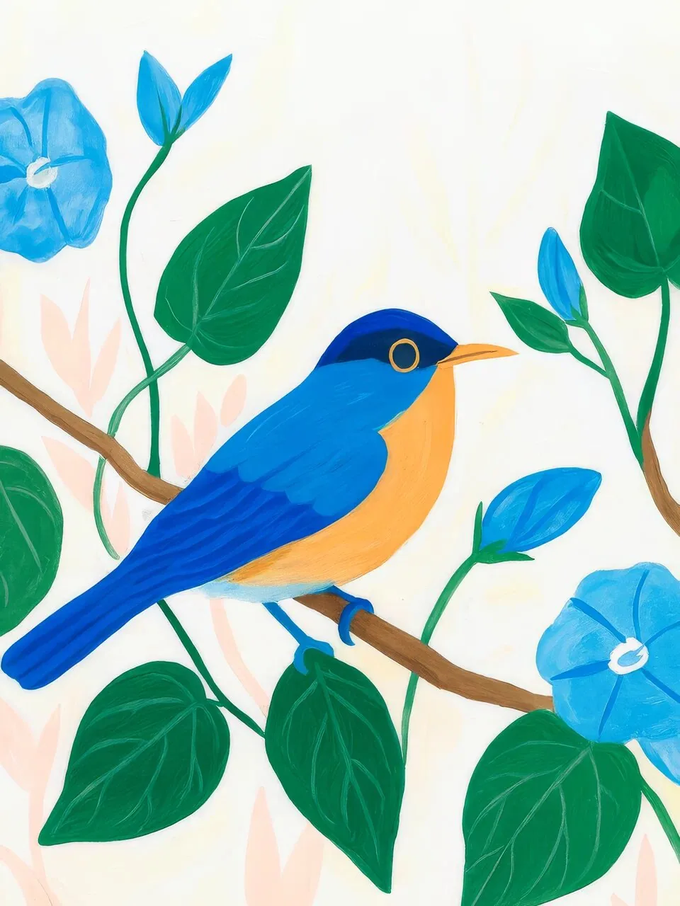 Onlly poster, Blue Bird among Blossoms: A bright blue bird perches among green leaves and pale flowers.