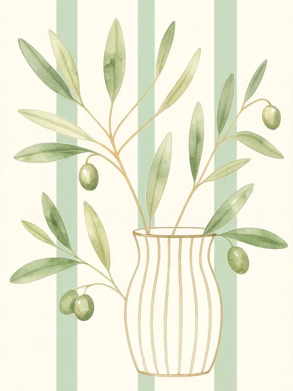 Onlly poster, Olive Branches in a Striped Vase: A delicate olive arrangement rises from a tall pale striped vessel.