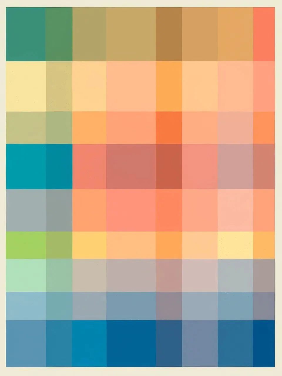 Onlly poster, Warm Colour Palette Grid: Small squares of muted coral, green, yellow and blue form a colour study.